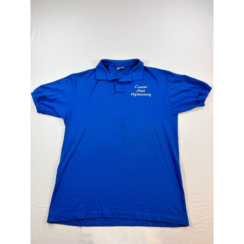 Vintage Anvil Casino Auto Upholstery Polo Shirt Mens Large Blue Made in USA 90s